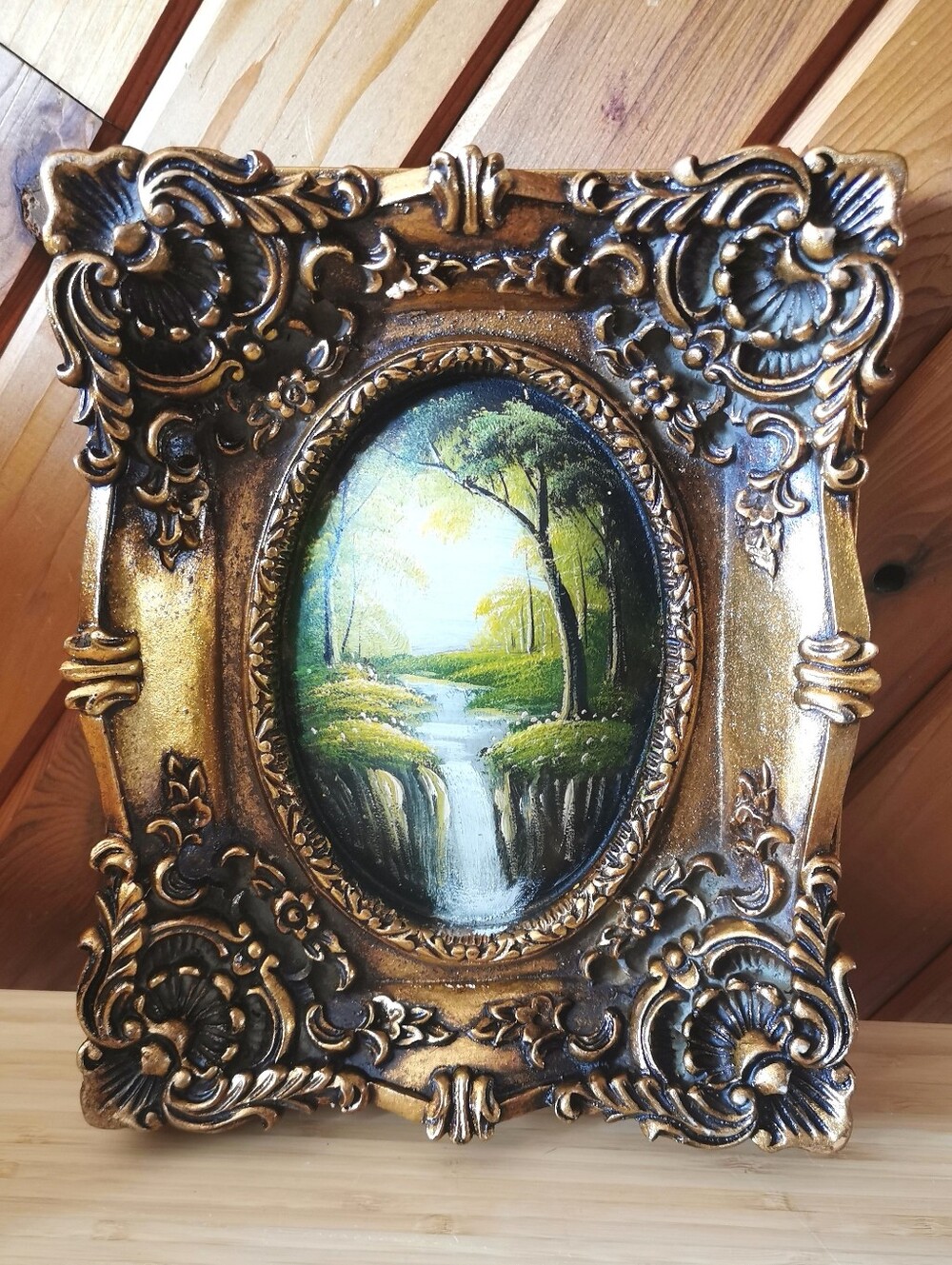 Vintage European Oil Landscape Painting Ornate Gilt Rococo Frame